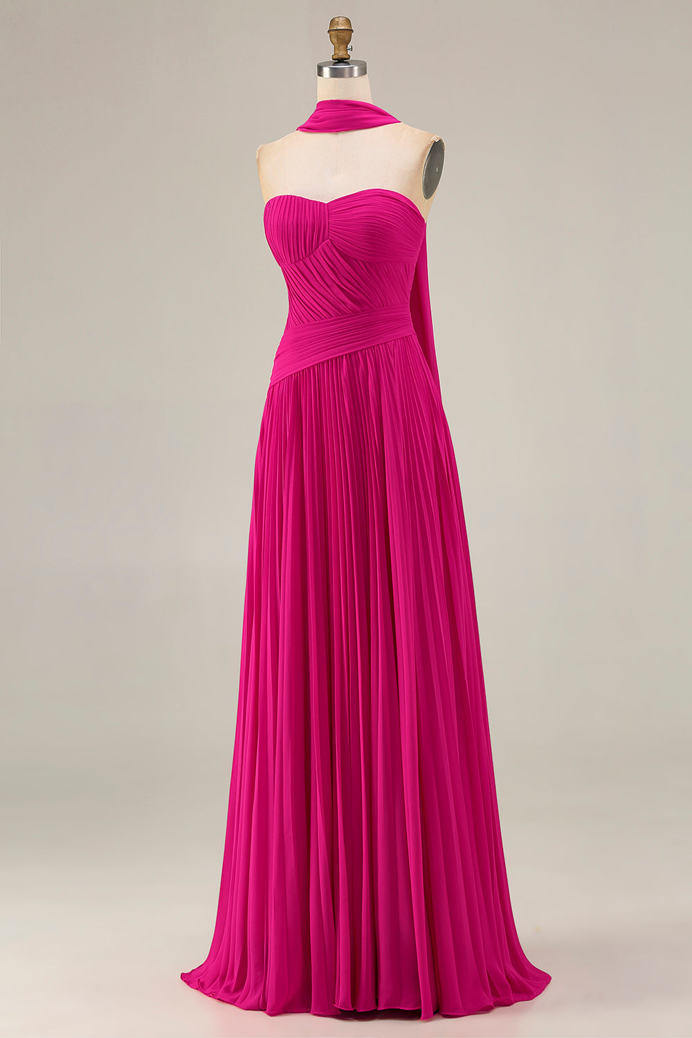 Strapless Fuchsia Neck Scarf A Line Pleated Long Prom Dress