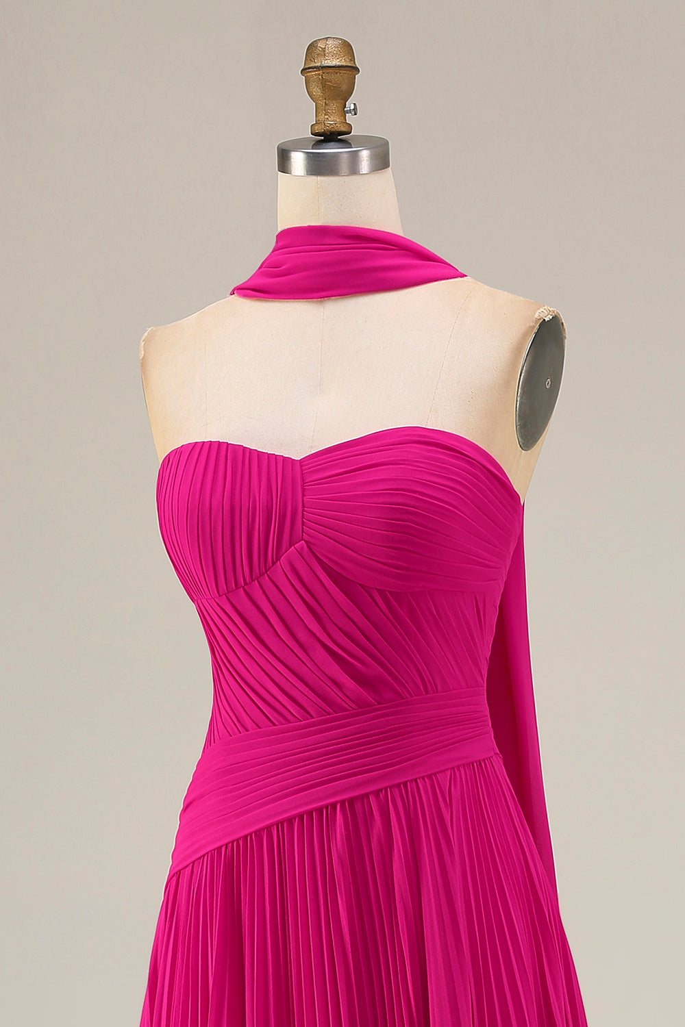 Strapless Fuchsia Neck Scarf A Line Pleated Long Prom Dress