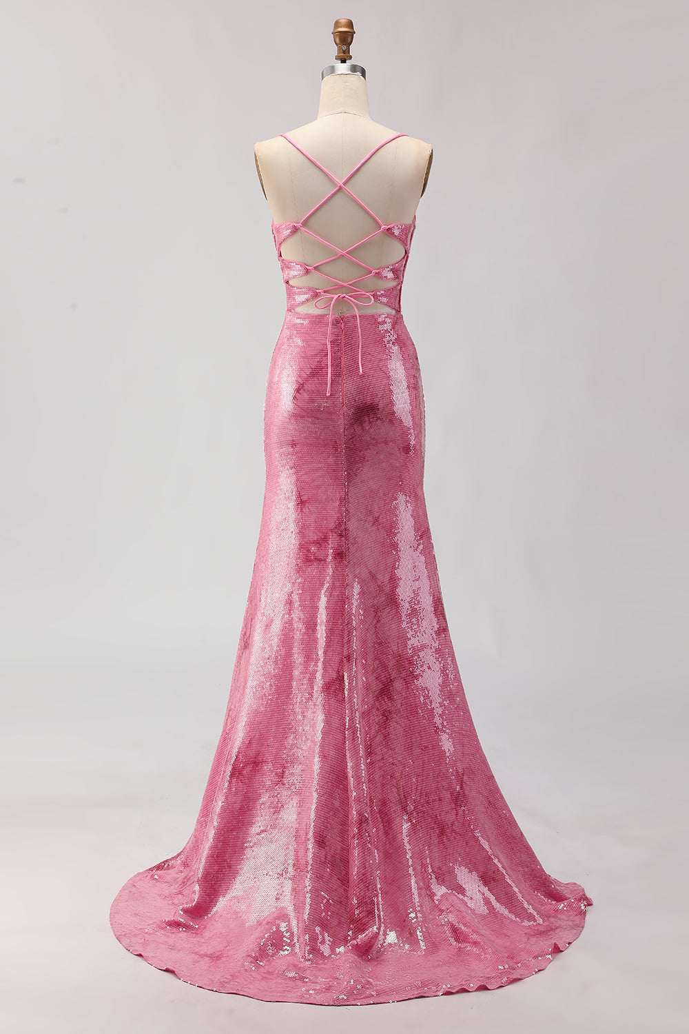 Sparkly Pink Mermaid Spaghetti Straps Long Prom Dress with Sequins