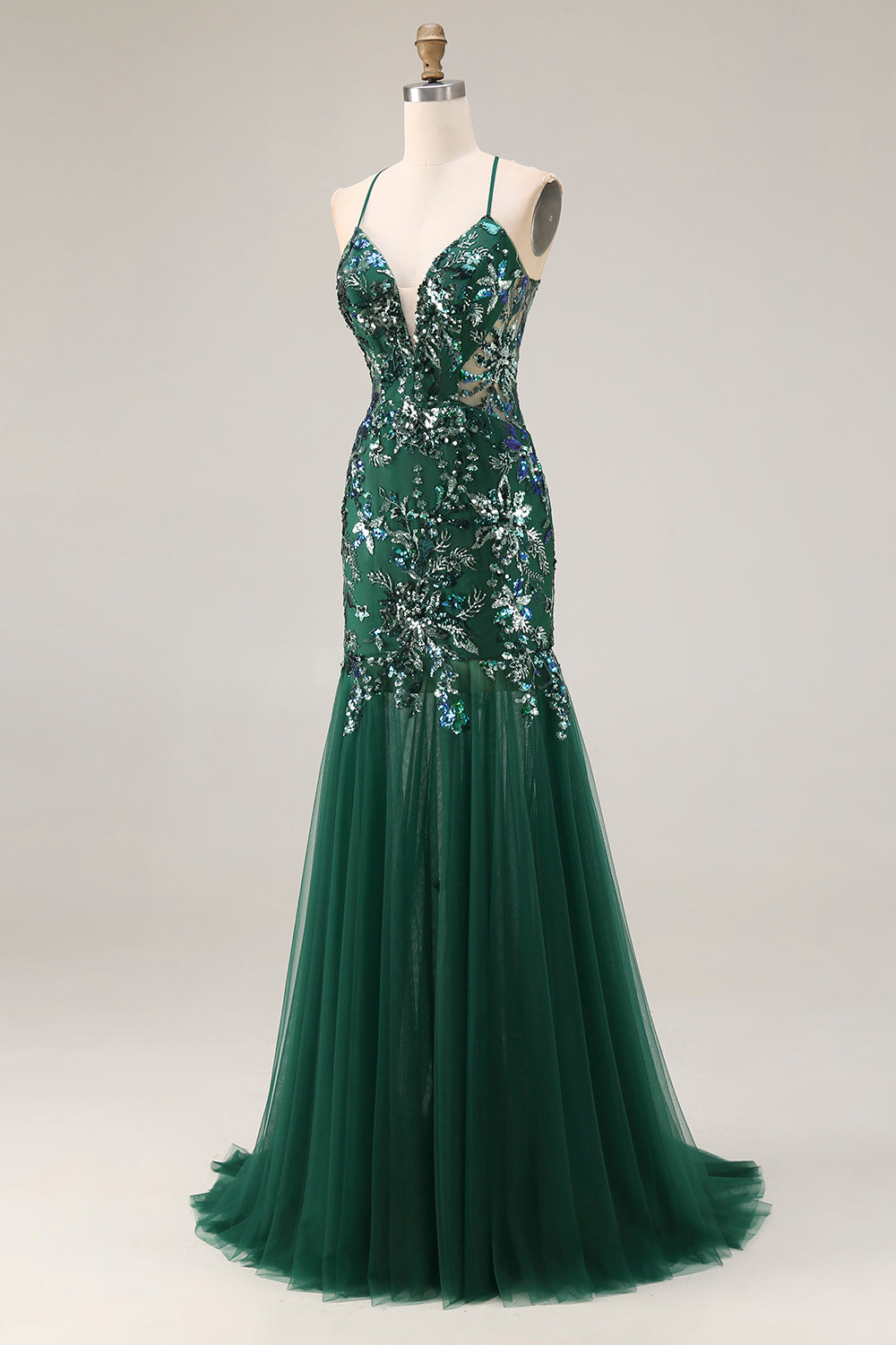 Sparkly Floral Dark Green Mermaid Sequin Long Tulle Prom Dress