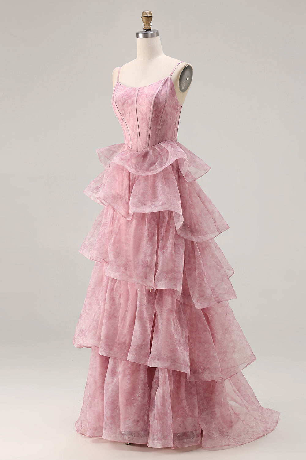 Dusty Rose Tiered A Line Corset Long Prom Dress with Ruffles