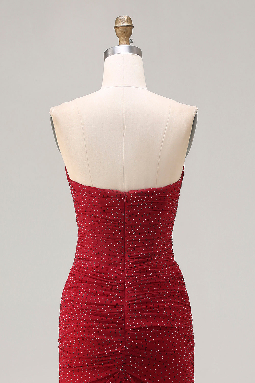 Sparkly Red Beaded Strapless Ruched Long Prom Dress