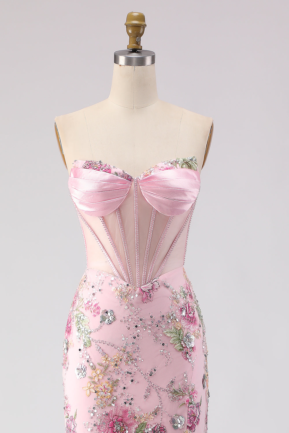 Sparkly Pink Strapless Corset Beaded Long Mermaid Prom Dress with Slit