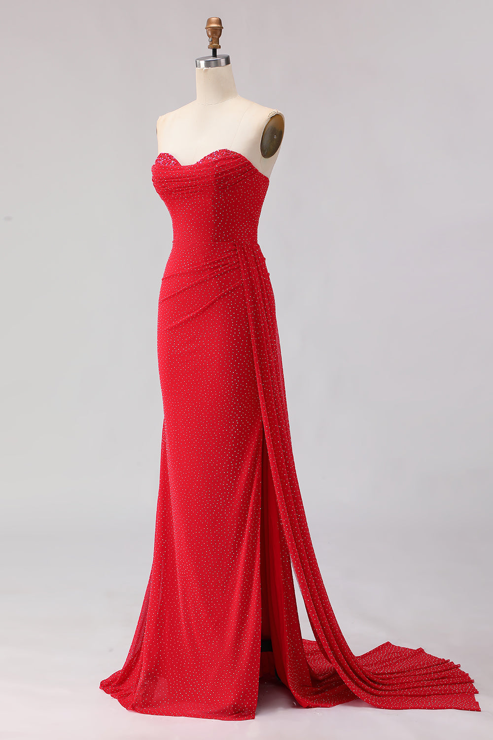 Sparkly Red Beaded Long Sheath Prom Dress with Slit
