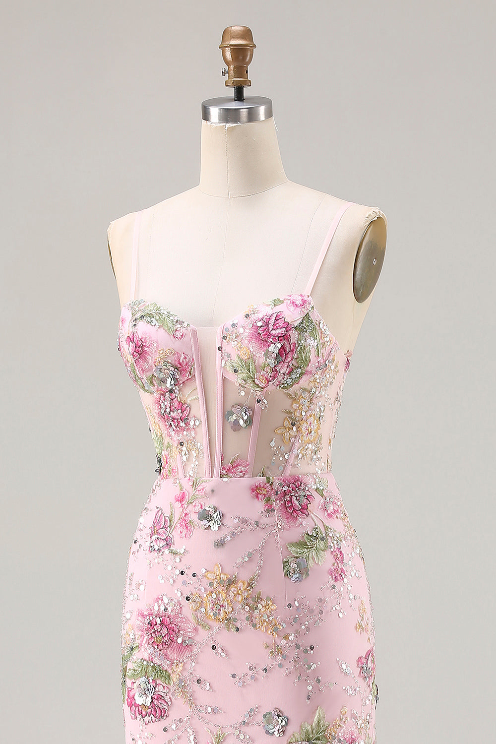 Sparkly Pink Mermaid Beaded Corset Long Floral Prom Dress with Slit