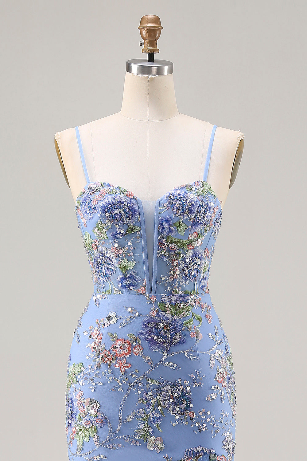 Sparkly Floral Blue Mermaid Tiered Long Corset Prom Dress with Slit