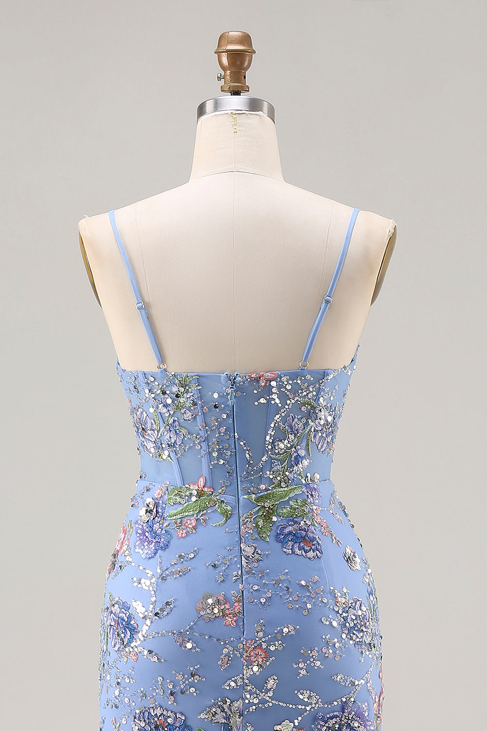 Sparkly Floral Blue Mermaid Tiered Long Corset Prom Dress with Slit