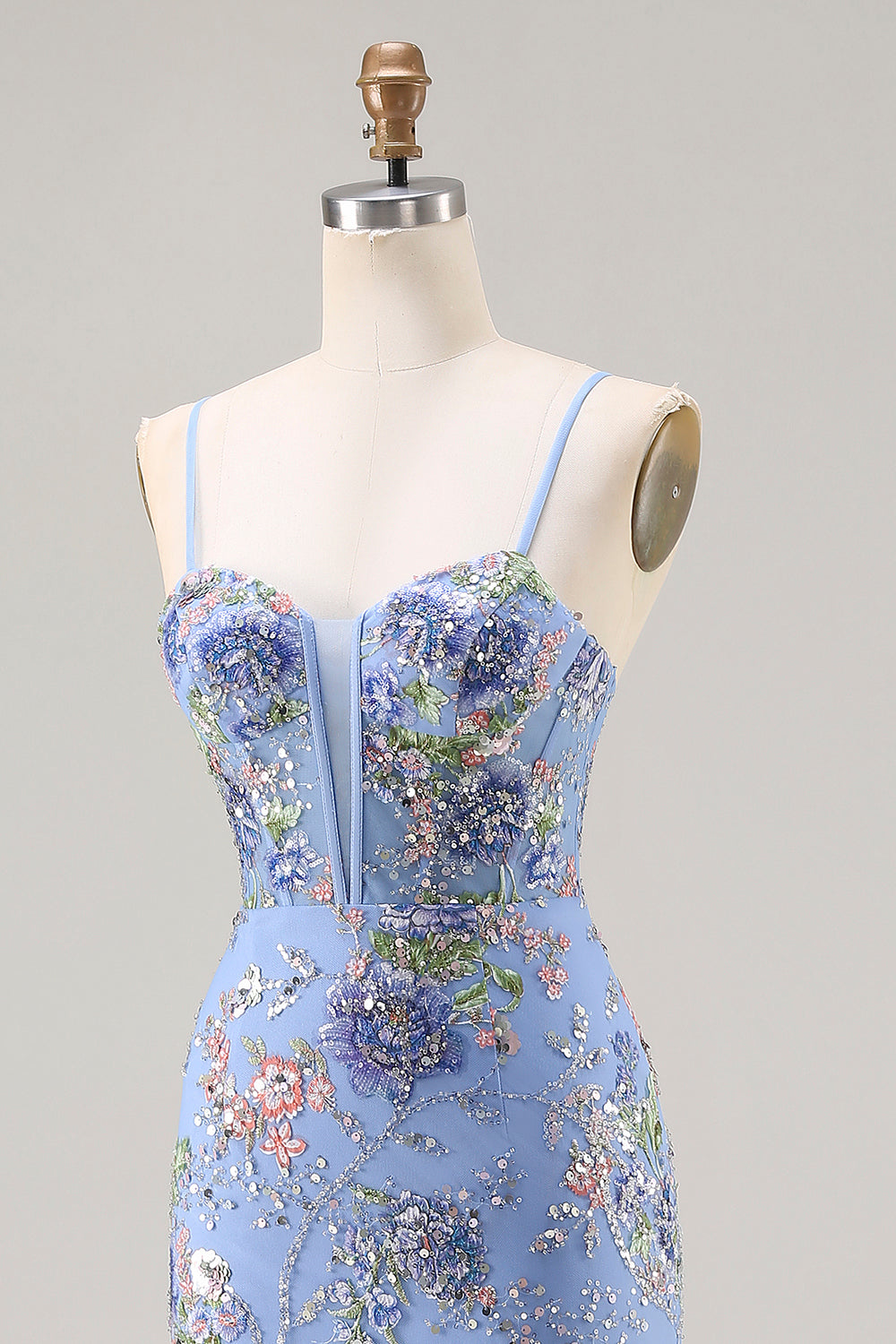 Sparkly Floral Blue Mermaid Tiered Long Corset Prom Dress with Slit