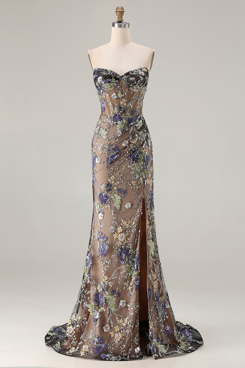 Sparkly Floral Black Mermaid Beaded Long Corset Prom Dress with Slit