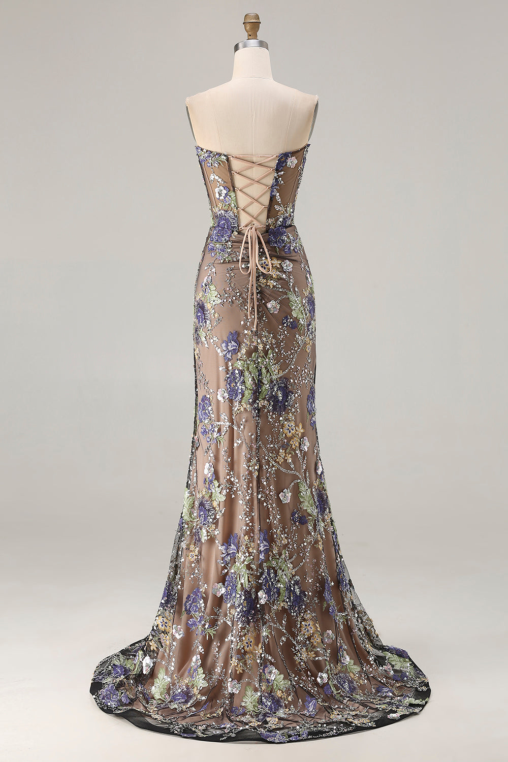 Sparkly Floral Black Mermaid Beaded Long Corset Prom Dress with Slit