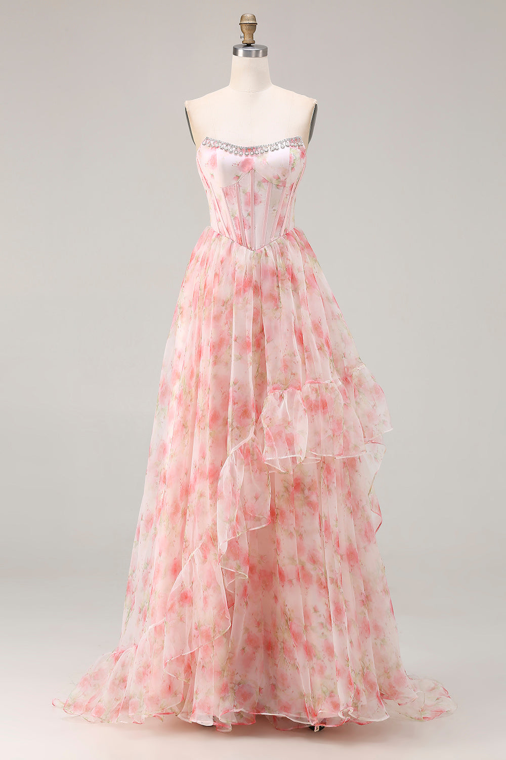 Sparkly Floral Pink A-Line Beaded Long Corset Prom Dress with Ruffles