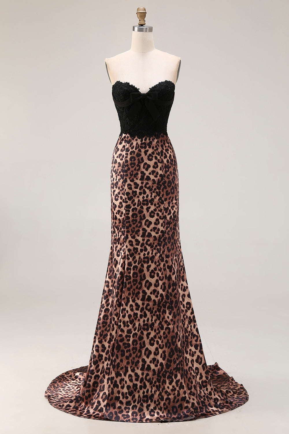 Brown Leopard Print Mermaid Sweetheart Long Prom Dress with Bow