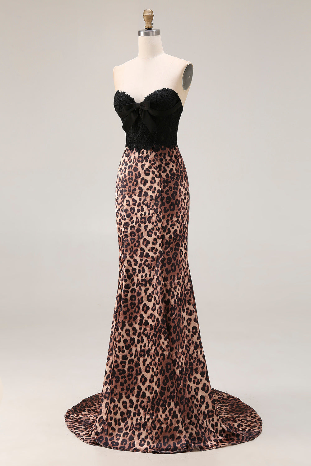 Brown Leopard Print Mermaid Sweetheart Long Prom Dress with Bow