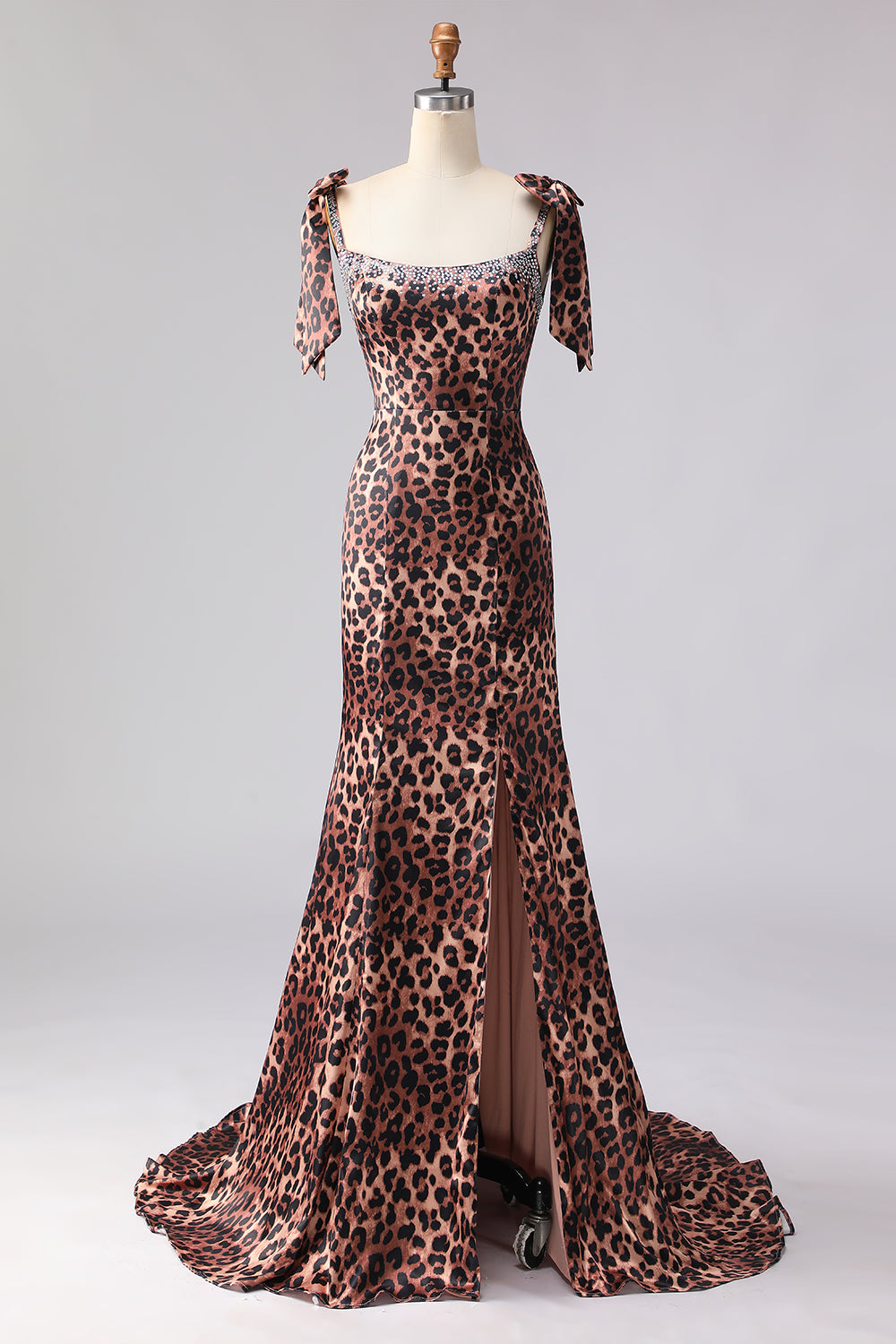 Sparkly Brown Leopard Print Long Beaded Prom Dress with Bows