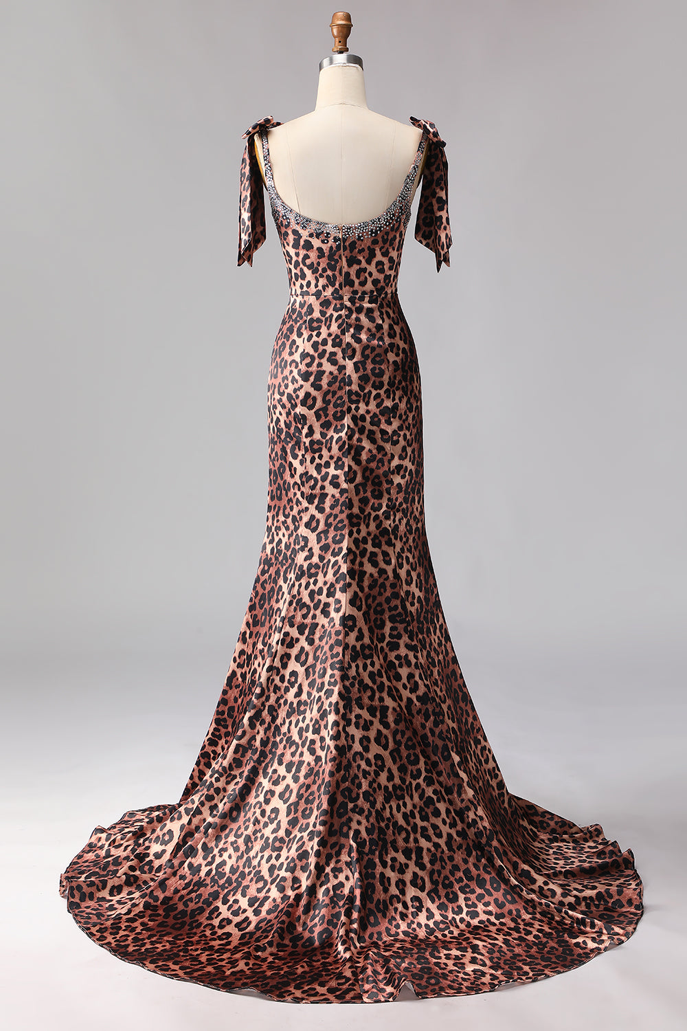 Sparkly Brown Leopard Print Long Beaded Prom Dress with Bows