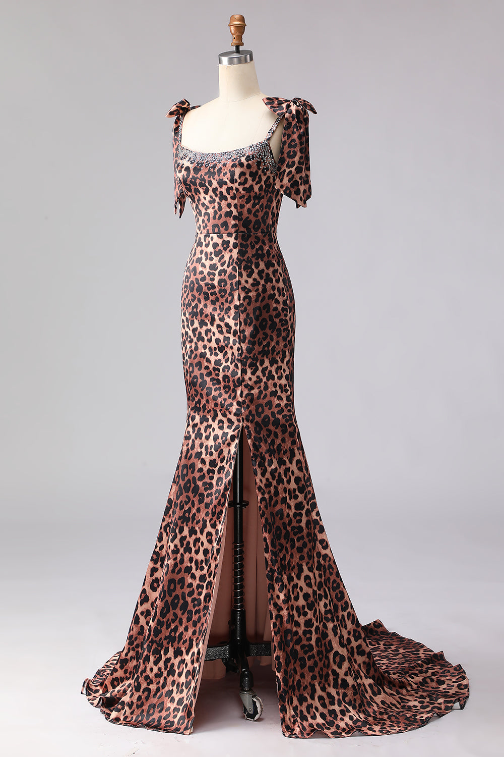 Sparkly Brown Leopard Print Long Beaded Prom Dress with Bows