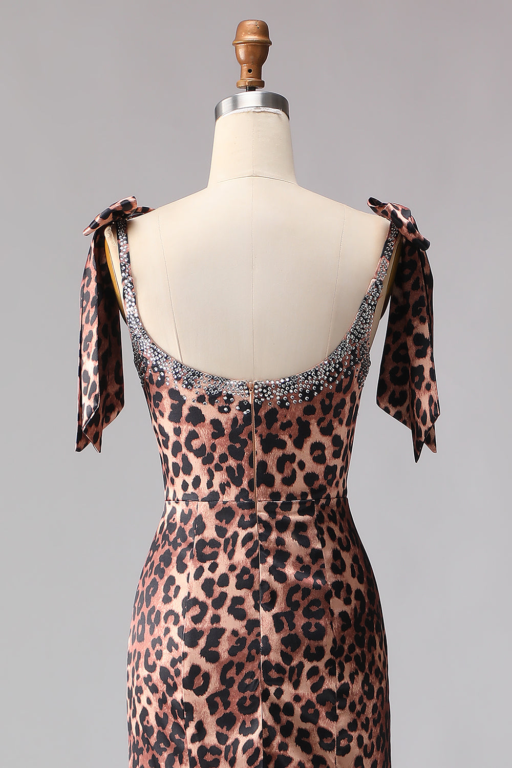 Sparkly Brown Leopard Print Long Beaded Prom Dress with Bows