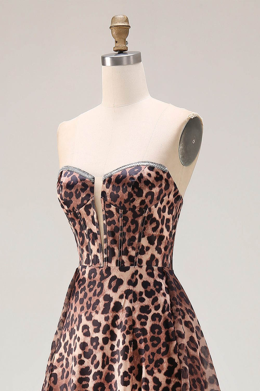 Brown Leopard Print A Line Strapless Corset Long Prom Dress