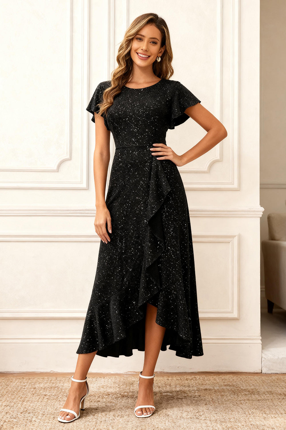 Glitter Dark Navy Round Neck Long Holiday Party Dress with Sleeves