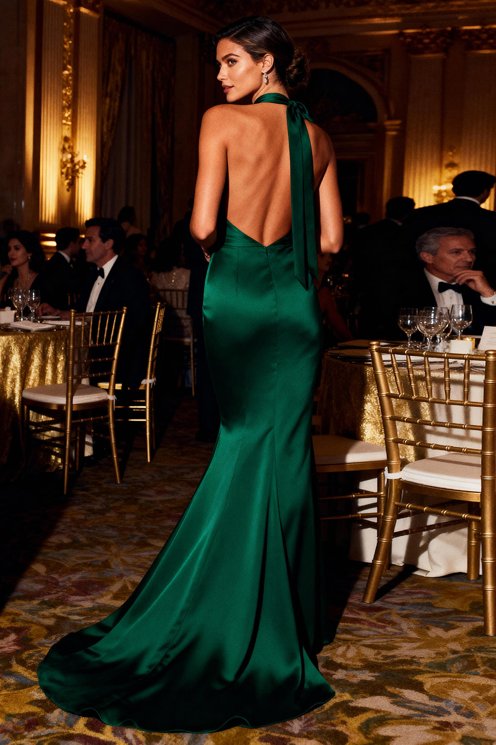Dark Green Halter Satin Mermaid Maxi Evening Dress