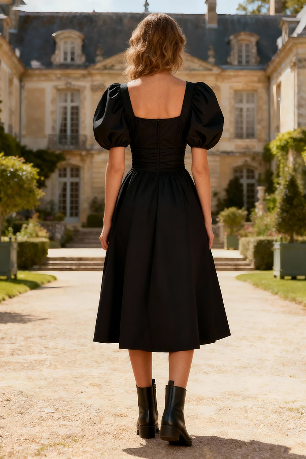 Black A-Line Square Neck Midi Cocktail Dress with Sleeves