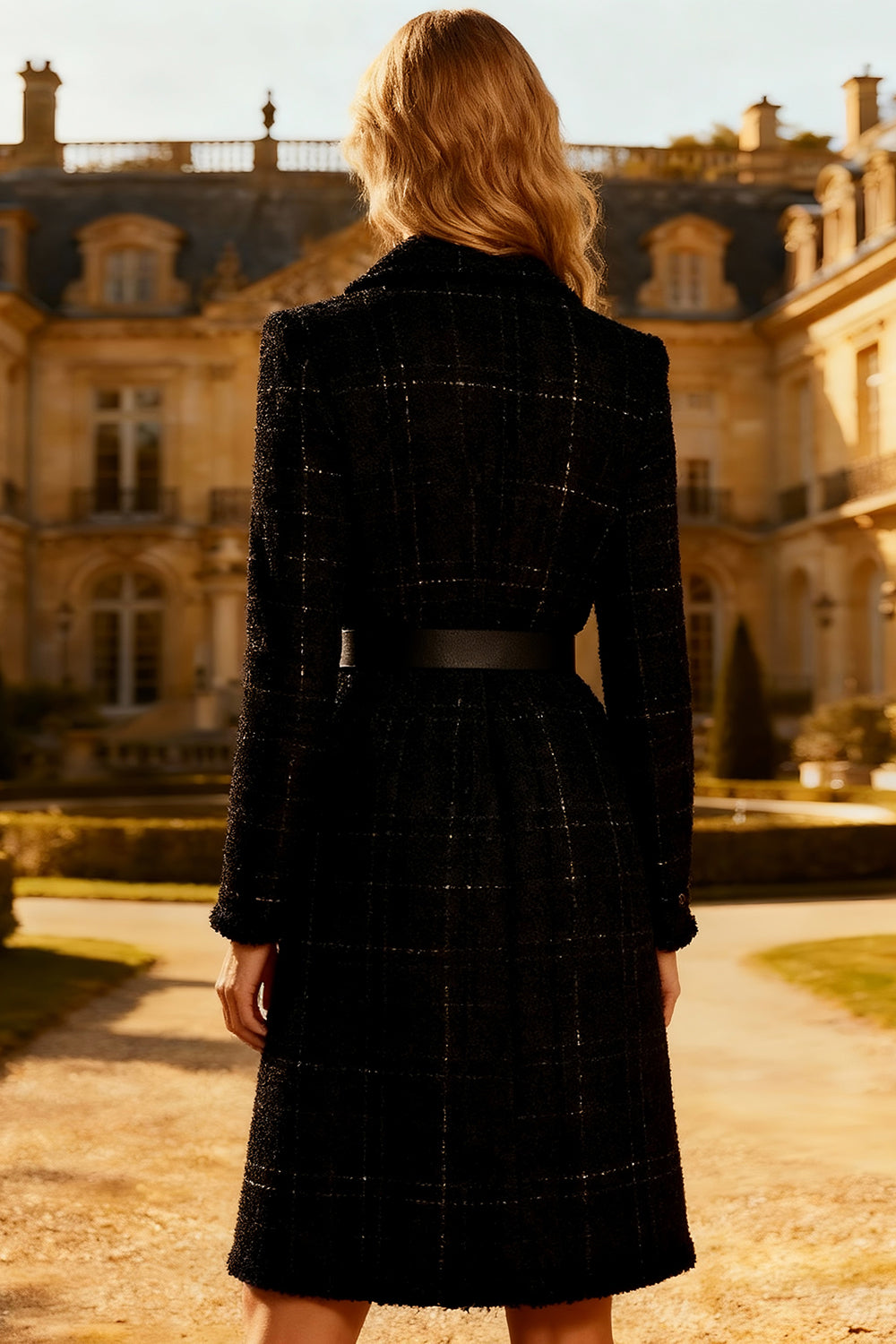 Black Notched Lapel Tweed Midi Blazer Dress with Belt
