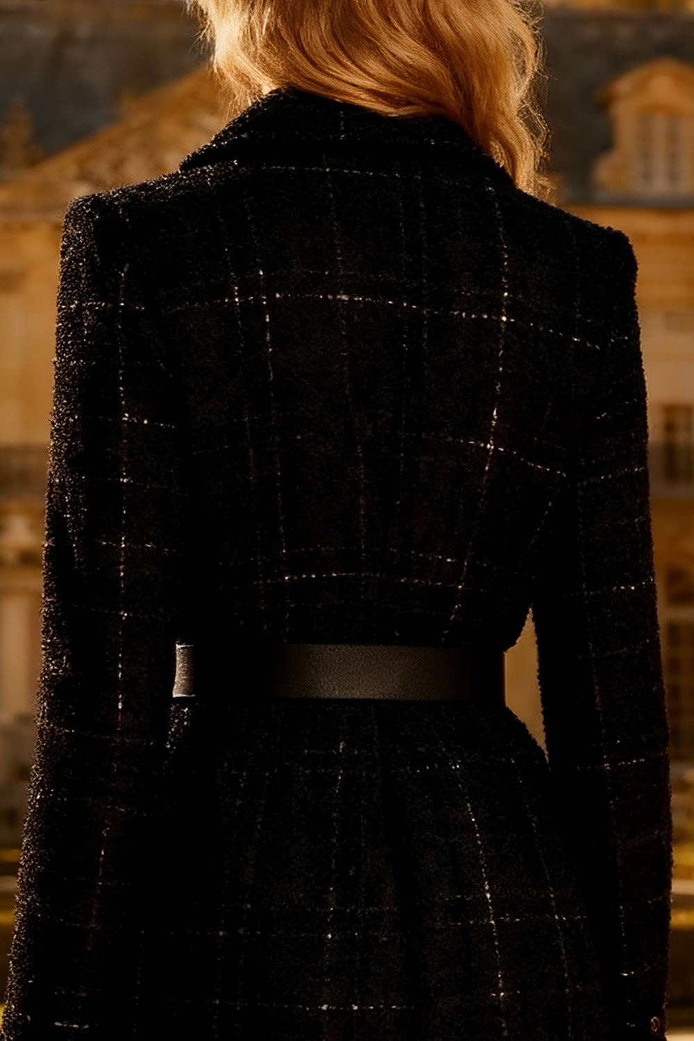 Black Notched Lapel Tweed Midi Blazer Dress with Belt