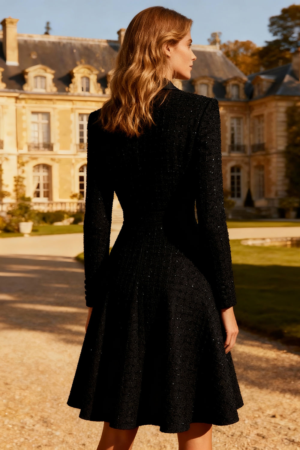 Black Tweed A Line Peak Lapel Midi Blazer Dress with Sleeves