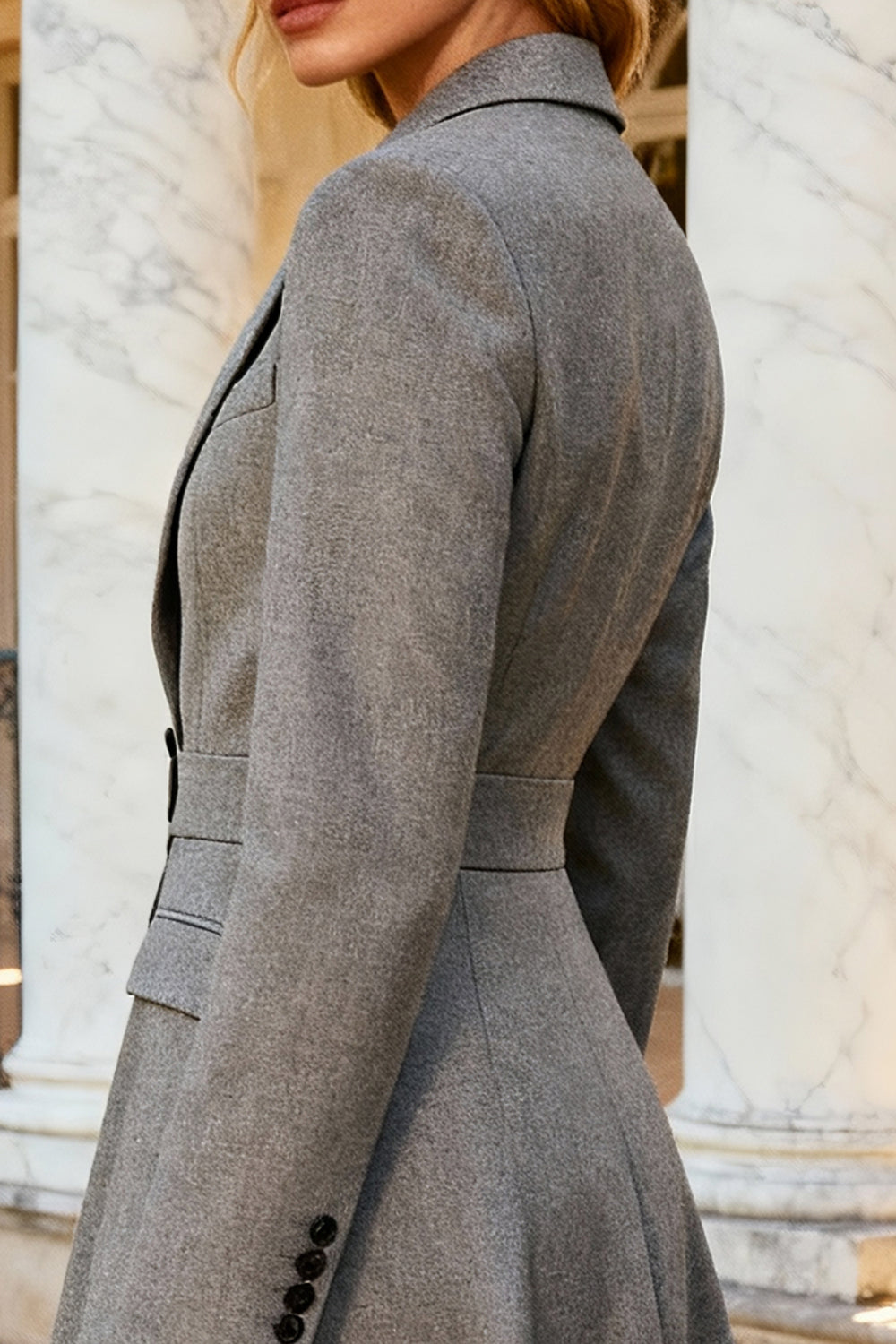 Grey Notched Lapel Single Breasted Midi Blazer Dress