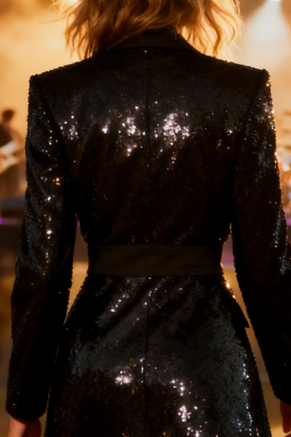 Sparkly Black Notched Lapel Sequin Midi Blazer Dress with Sleeves