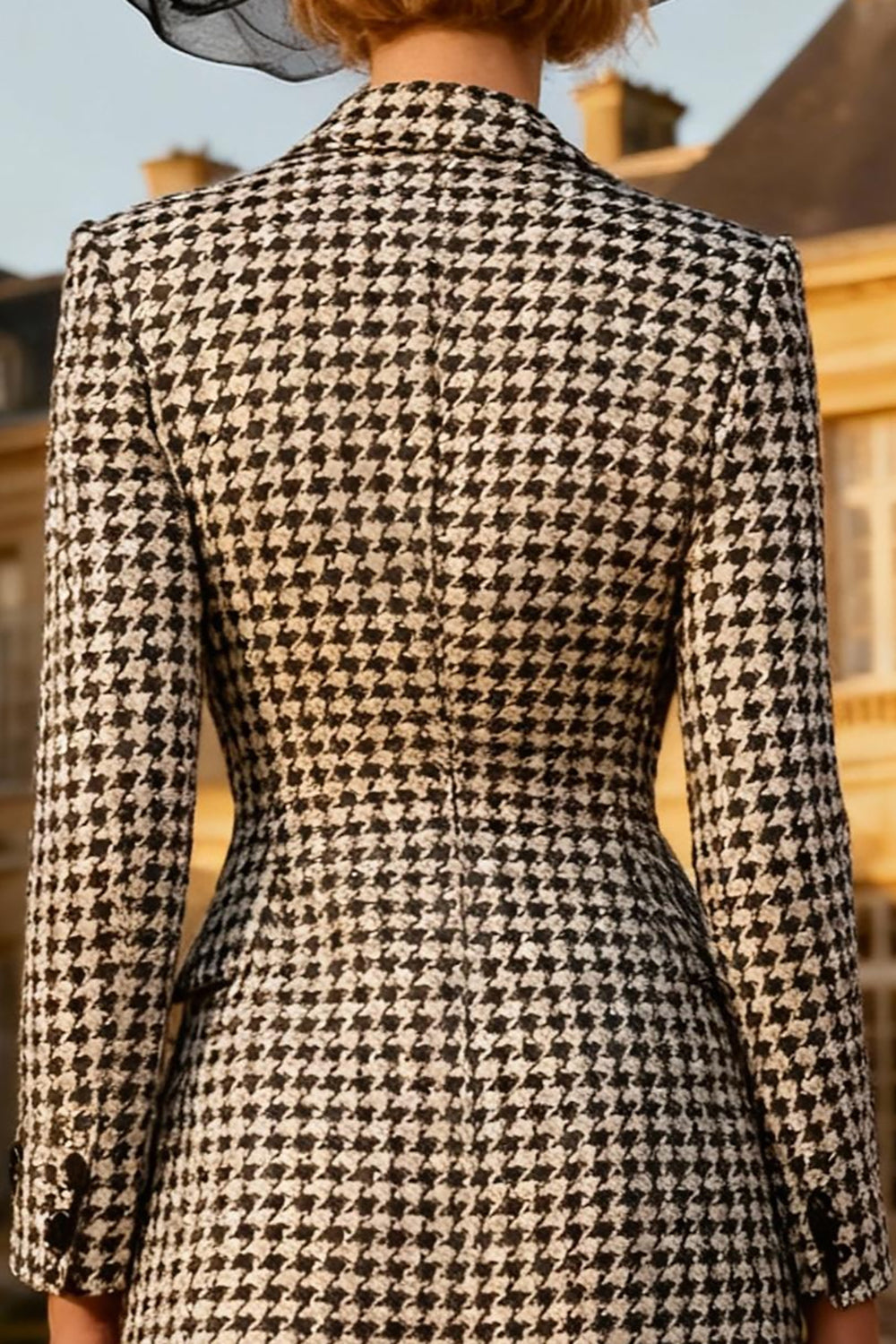 Black and White Gingham Peak Lapel Midi Blazer Dress with Buttons