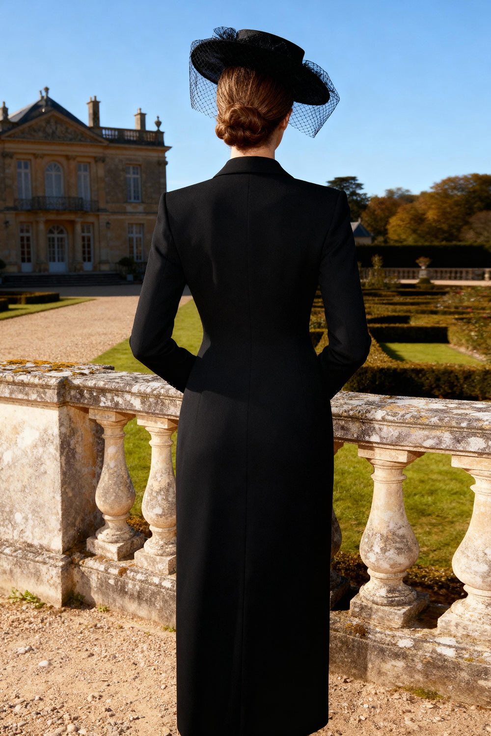 Black Double Breasted Peak Lapel Pencil Midi Blazer Dress with Slit