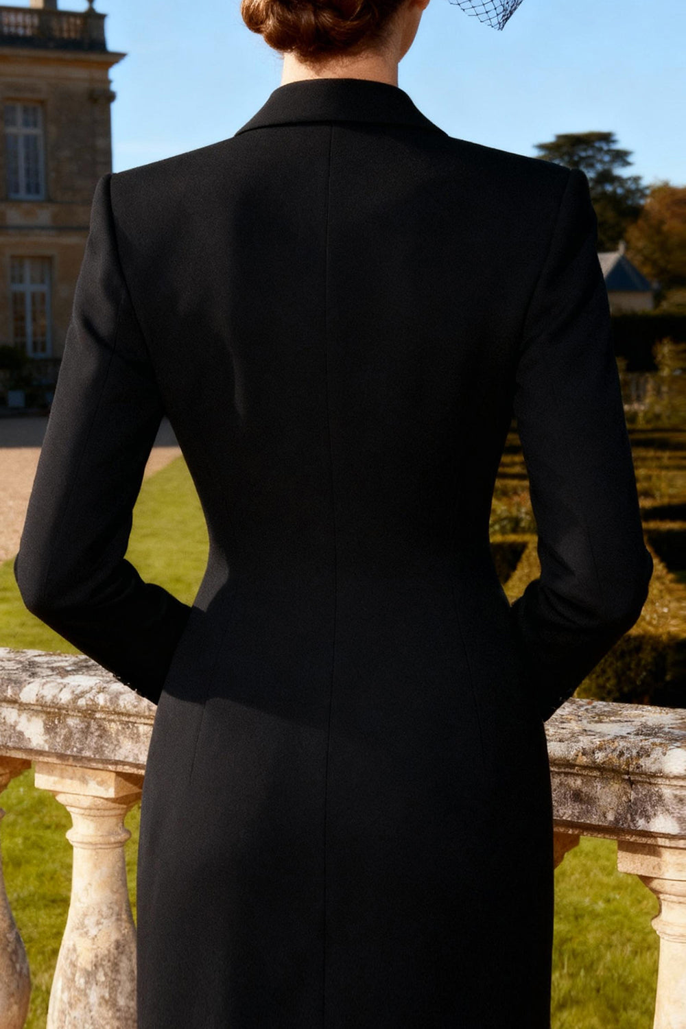 Black Double Breasted Peak Lapel Pencil Midi Blazer Dress with Slit