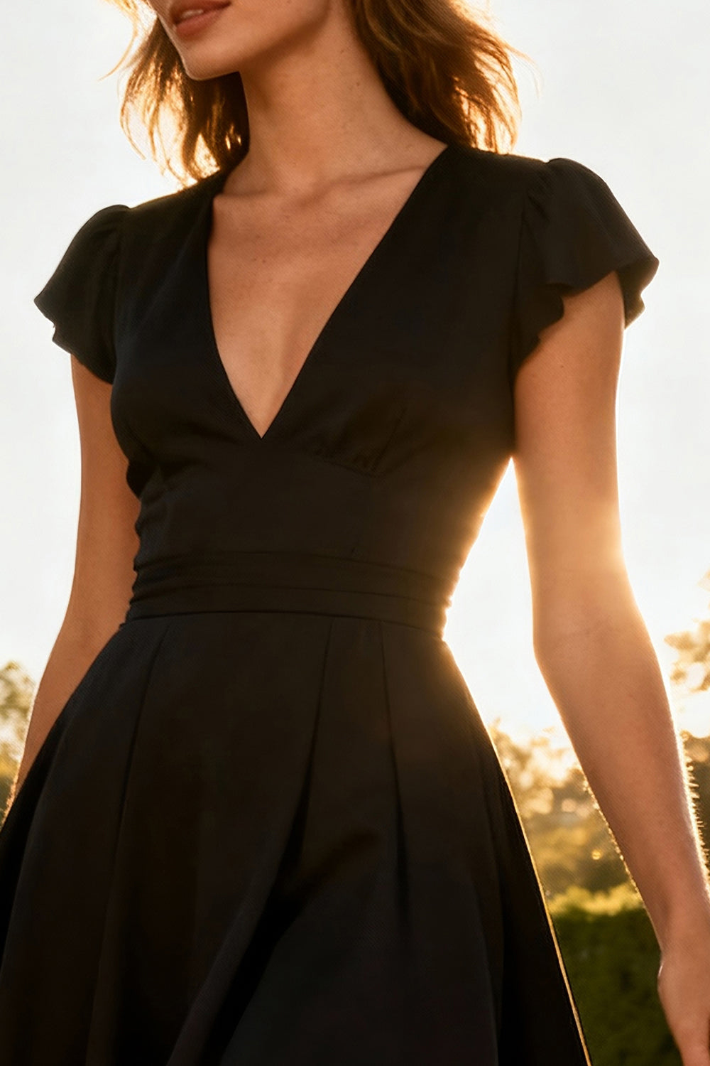 Simple A-Line V-Neck Little Black Dress with Sleeves