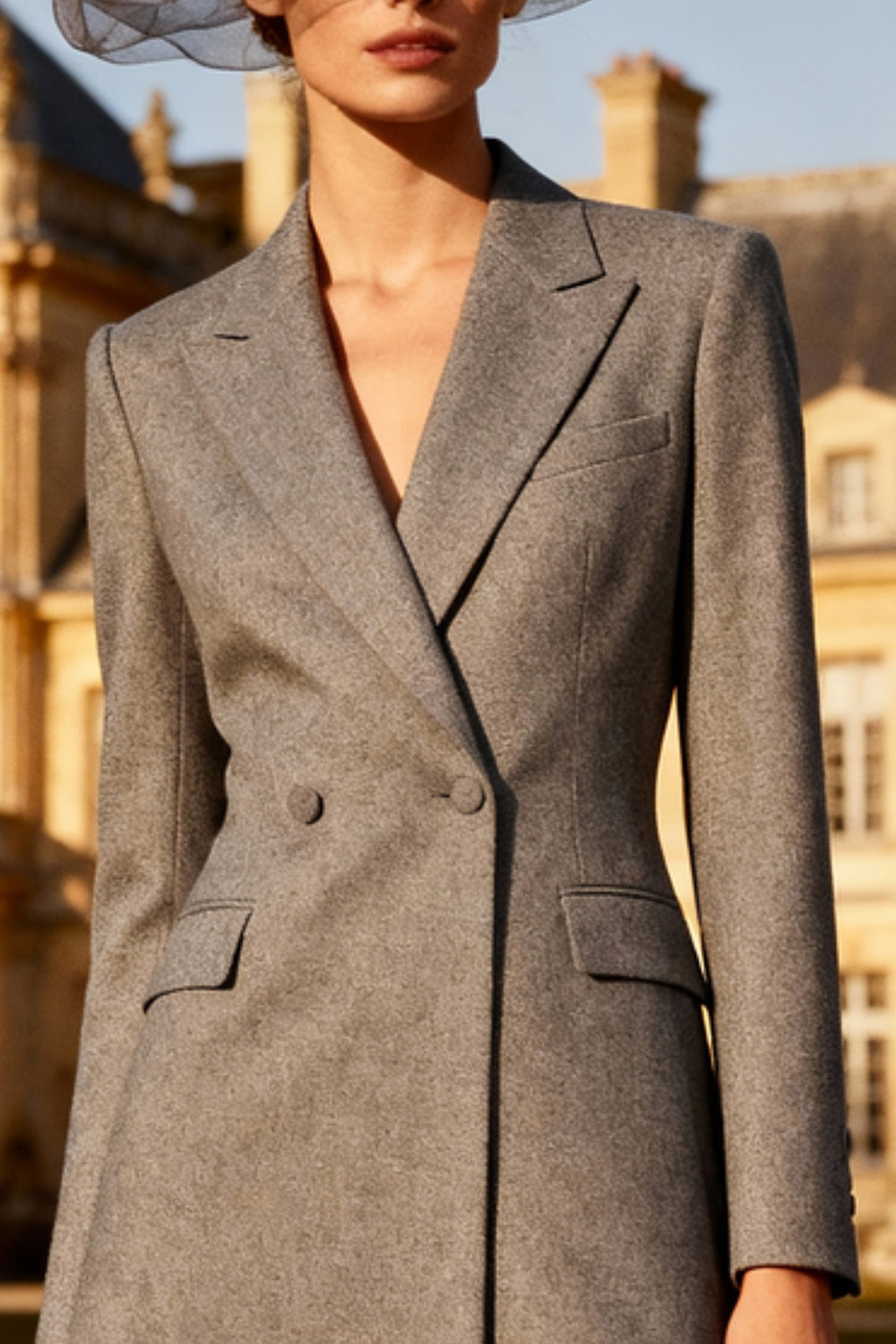 Grey Peak Lapel Double Breasted Midi Blazer Dress