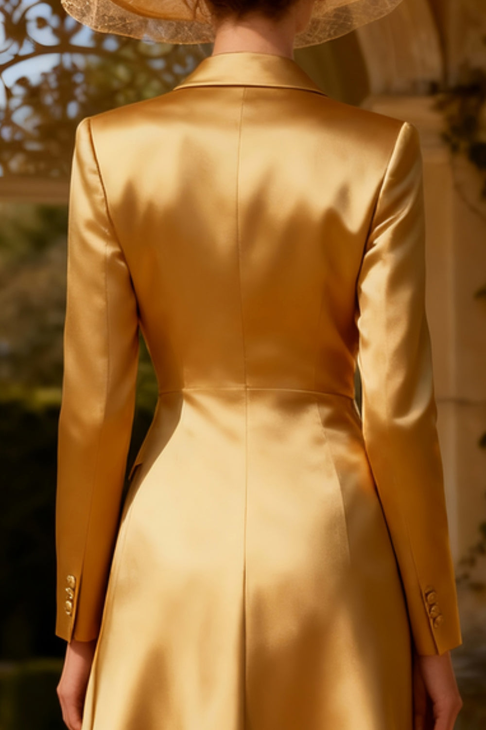 Peak Lapel Gold Midi Blazer Dress with Sleeves
