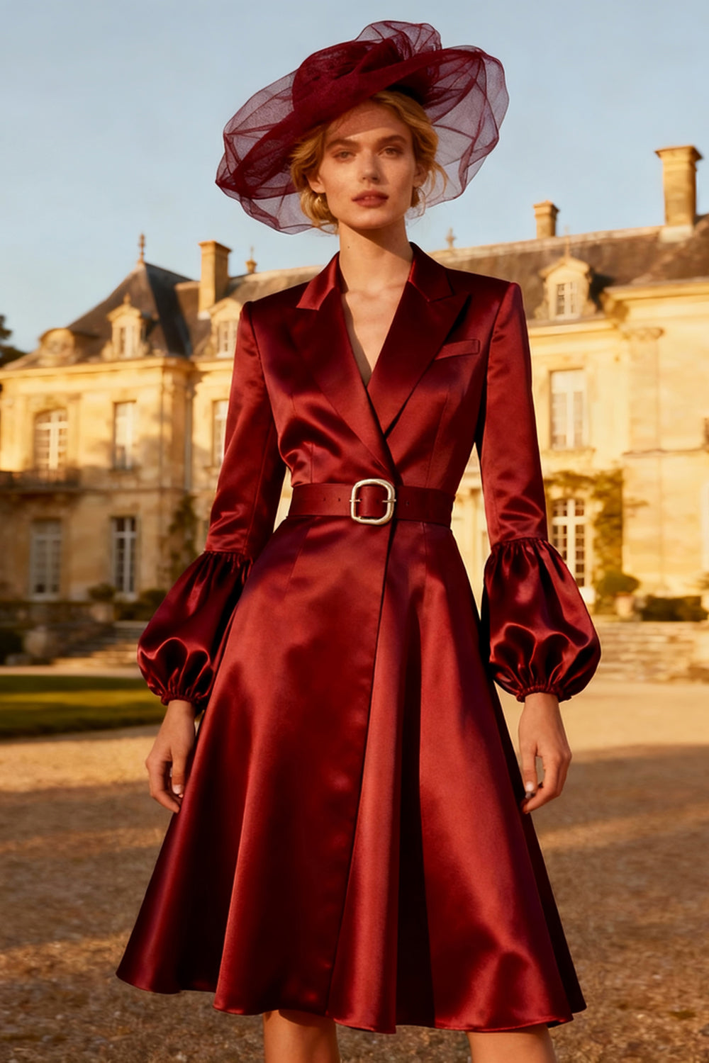 Burgundy Peak Lapel Satin Ruched Midi Blazer Dress with Belt
