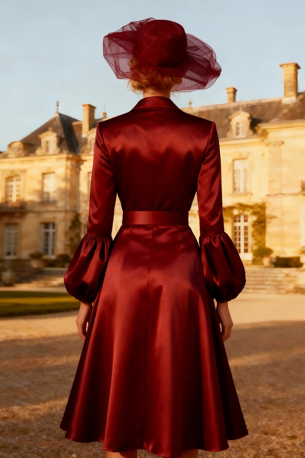 Burgundy Peak Lapel Satin Ruched Midi Blazer Dress with Belt