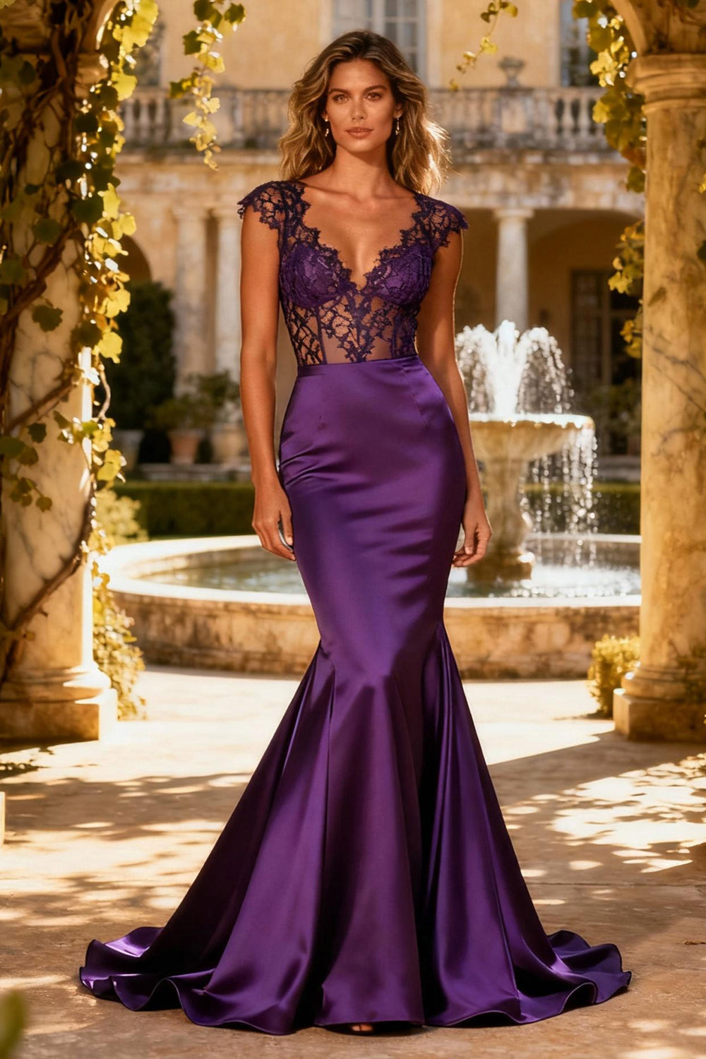 Dresstells Women Purple Long Evening Dress V Neck Corset Mermaid Prom Dress with Lace
