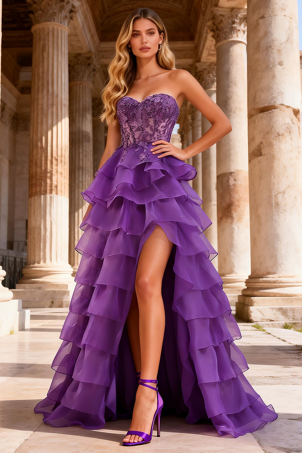 Purple Sweetheart A Line Ruffled Corset Long Prom Dress with Lace