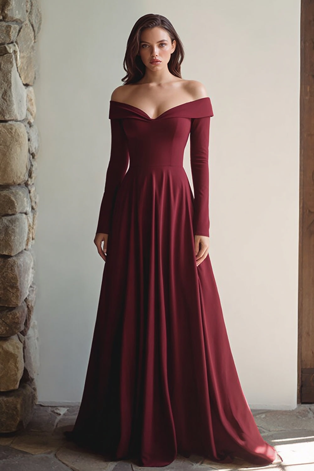 Off the Shoulder Burgundy Maxi Evening Dress with Sleeves