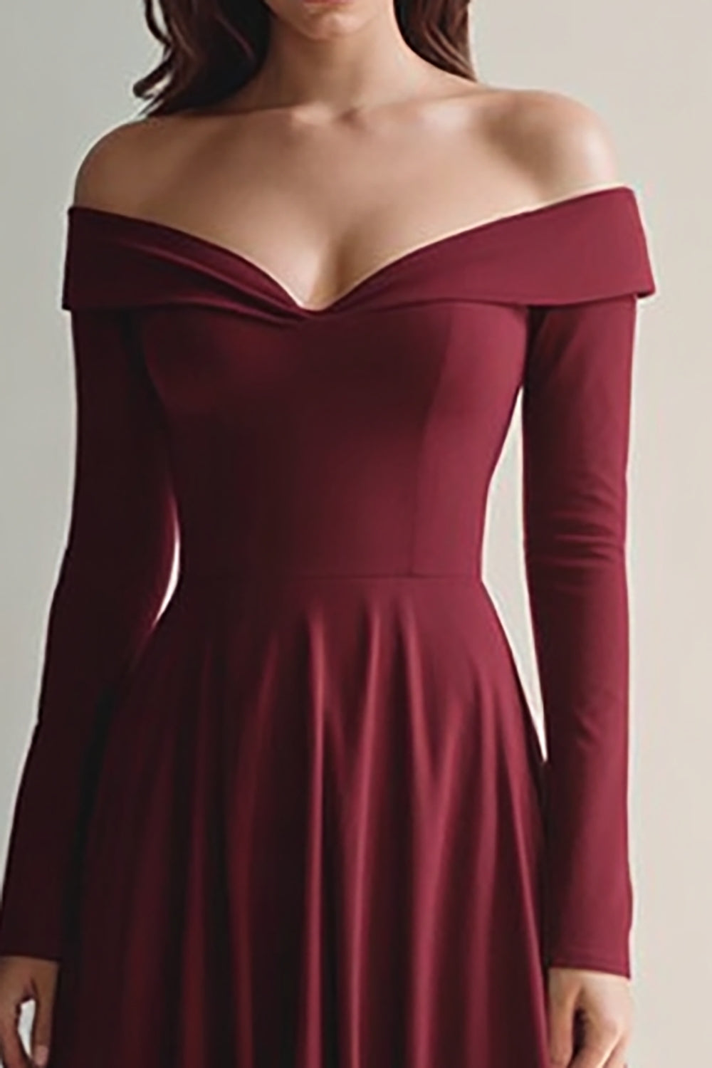 Off the Shoulder Burgundy Maxi Evening Dress with Sleeves