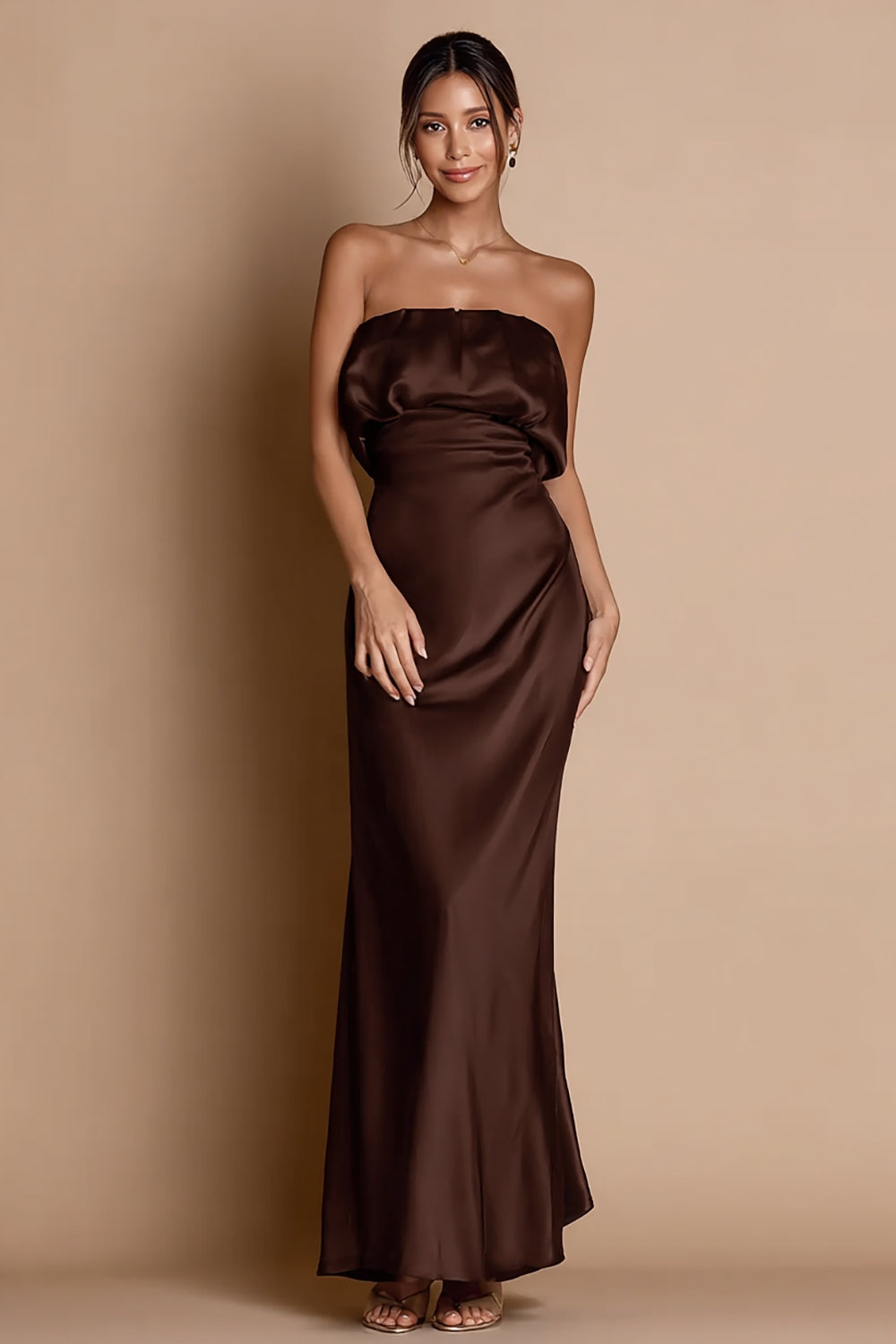 Coffee Strapless Mermaid Satin Long Evening Dress