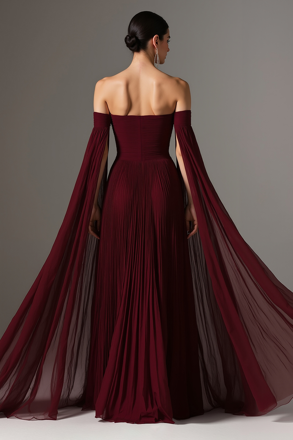 Burgundy Pleated Off the Shoulder Maxi Evening Dress with Cape