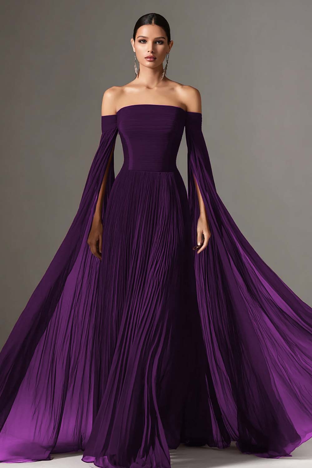 Burgundy Pleated Off the Shoulder Maxi Evening Dress with Cape