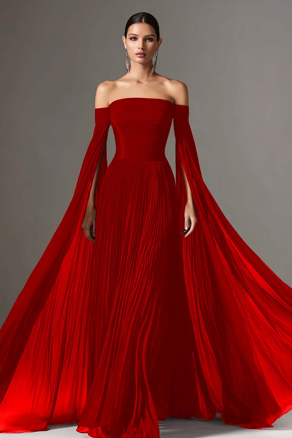 Burgundy Pleated Off the Shoulder Maxi Evening Dress with Cape