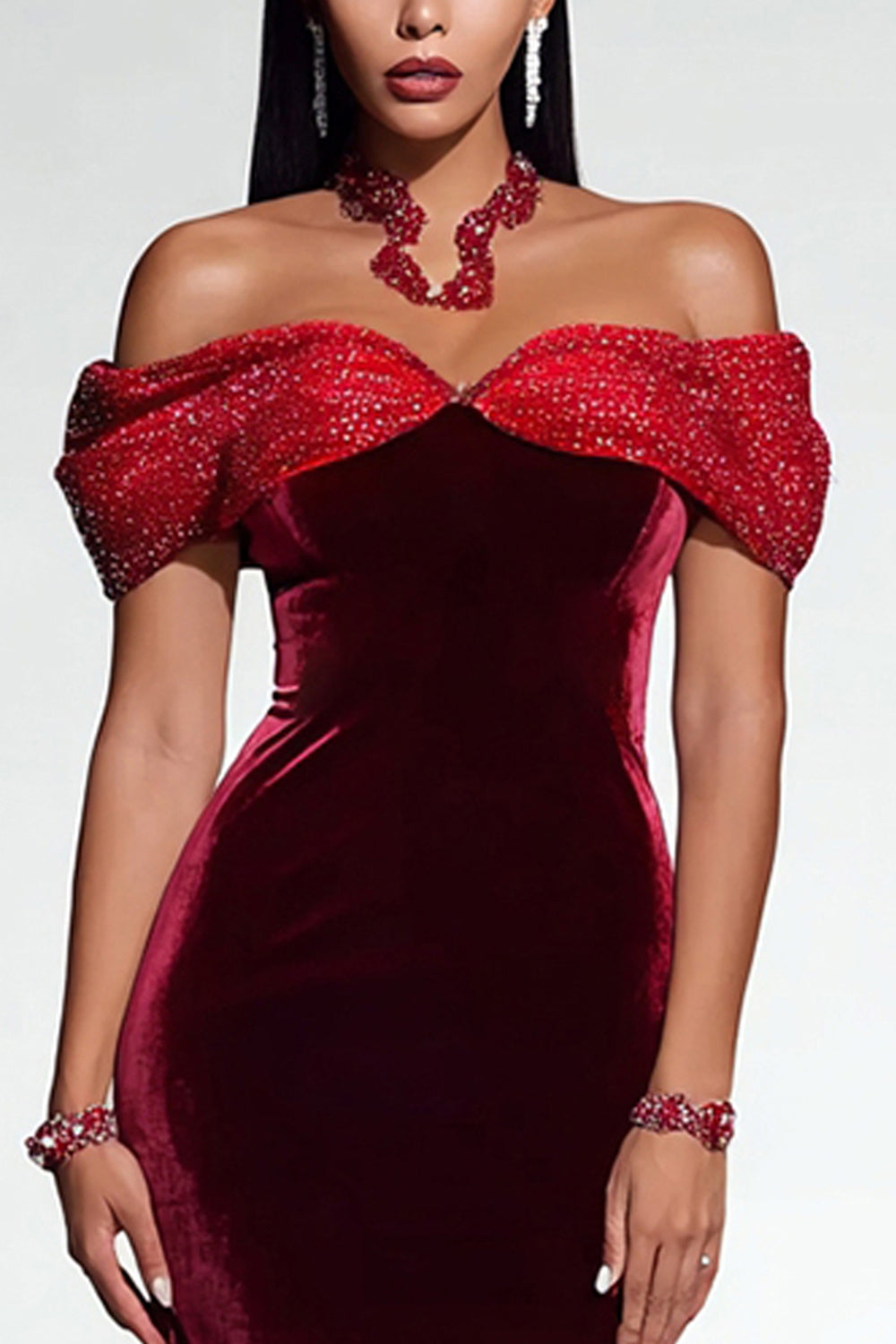 Sparkly Burgundy Velvet Mermaid Beaded Long Evening Dress