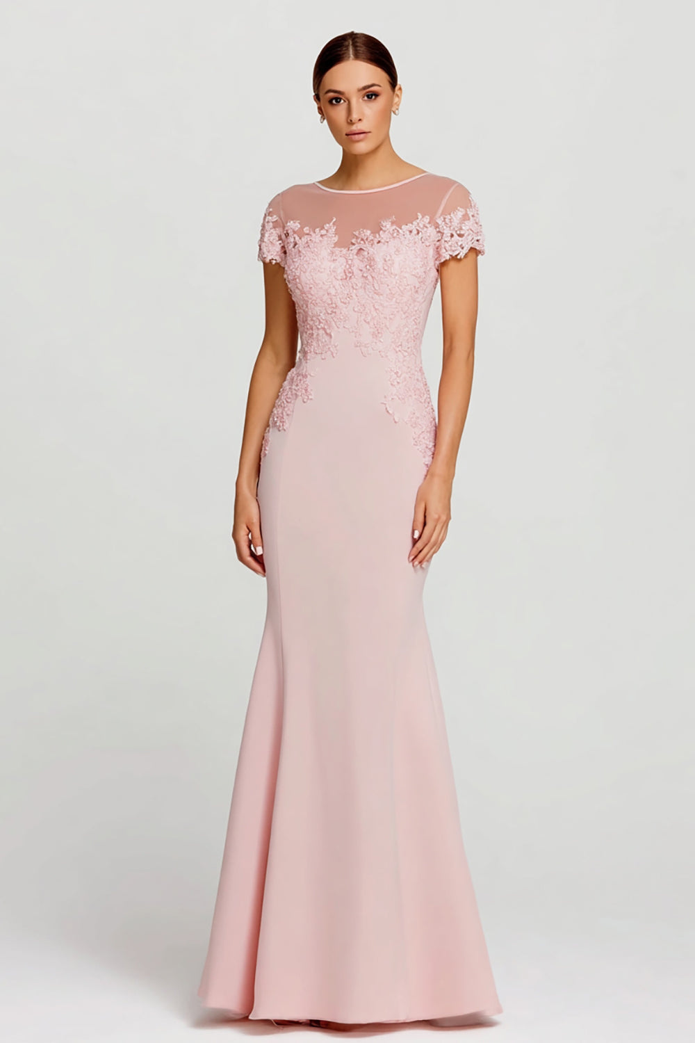 Pink Mermaid Boat Neck Maxi Evening Dress with Lace