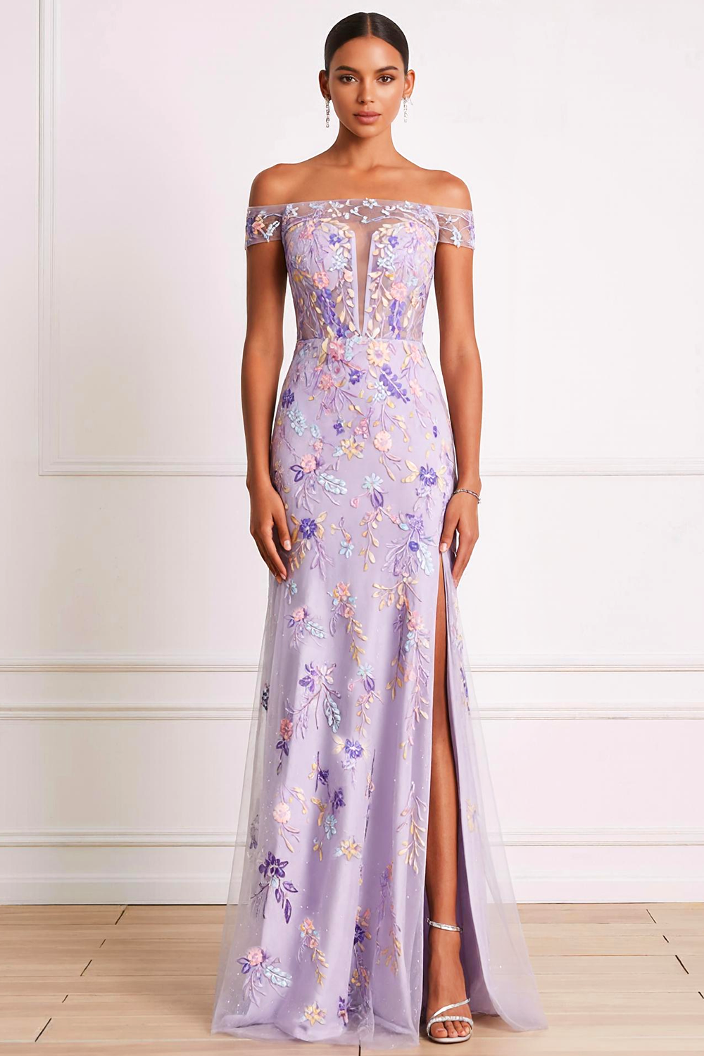 Lilac Floral Sheath Off the Shoulder Long Prom Dress with Slit