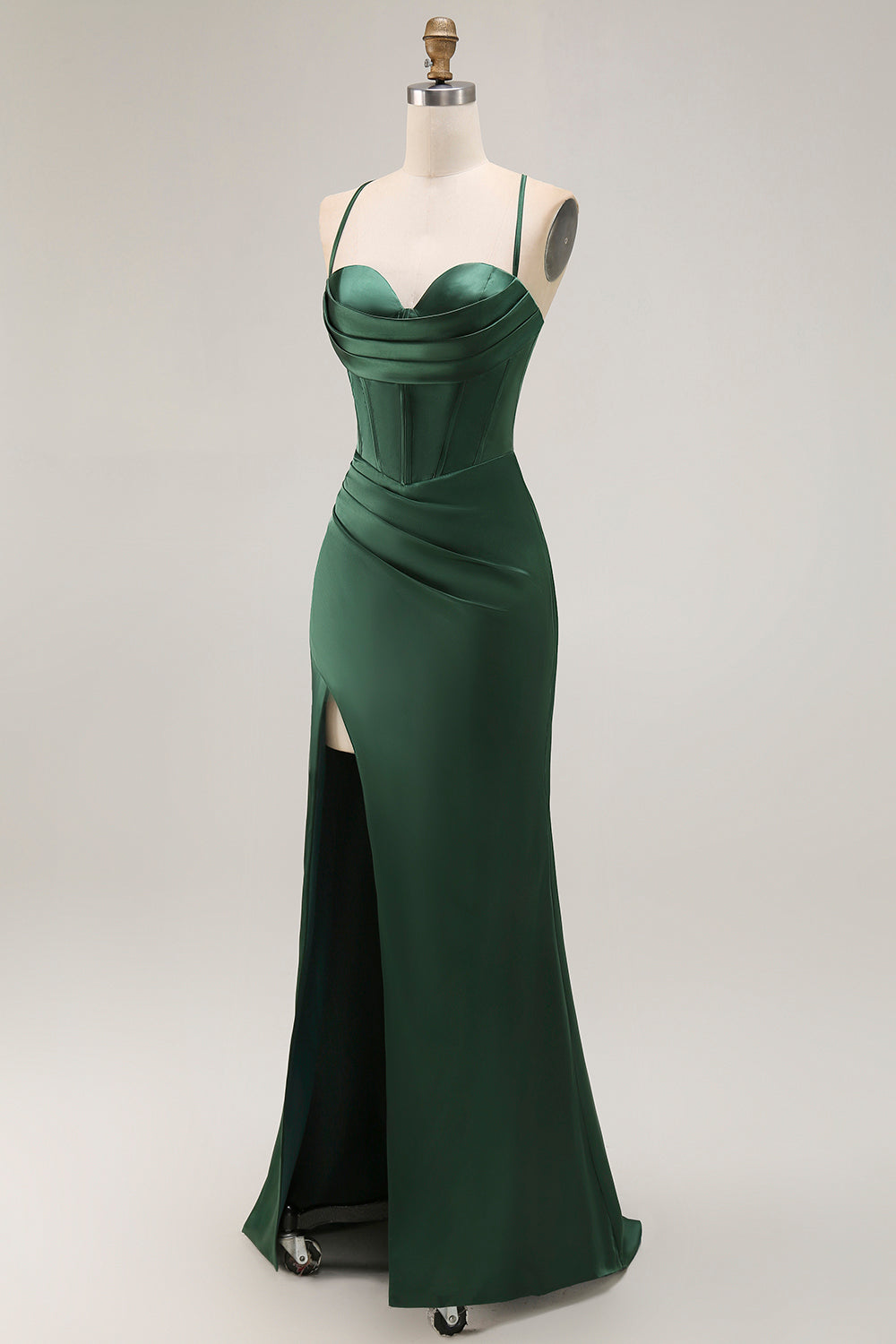 Dark Green Mermaid Satin Corset Long Wedding Guest Dress with Slit
